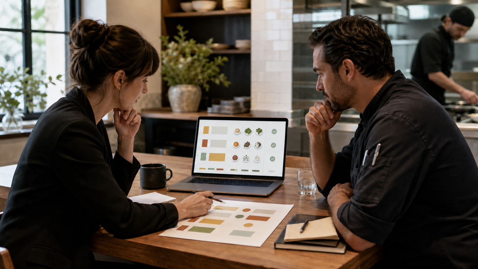 Restaurant editor and kitchen manager reviewing abstract menu content on an unbranded laptop