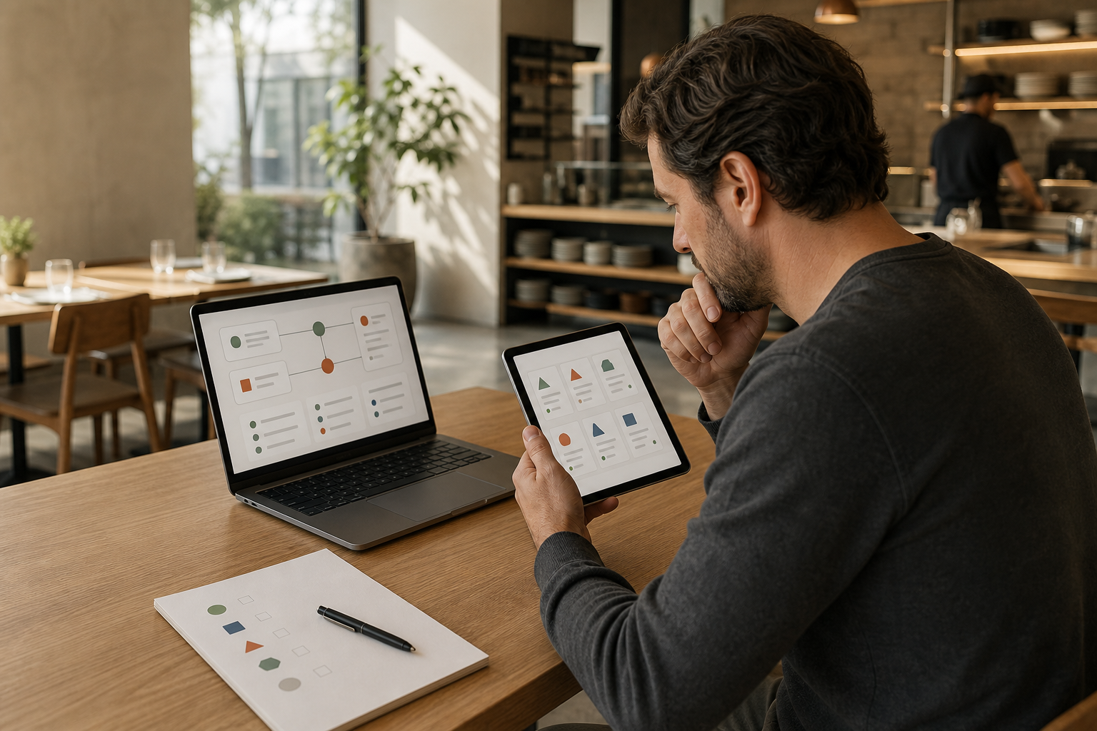 Restaurant operator reviewing an abstract direct-ordering and POS connection on unbranded devices