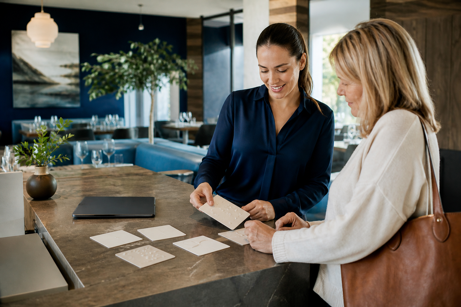 Guest and restaurant host reviewing a brand-neutral accessibility information card